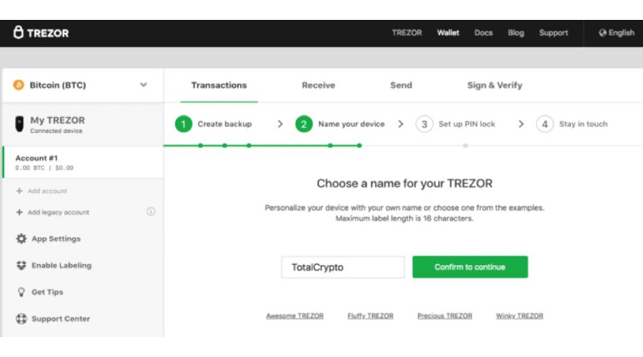 Step Name your wallet Trezor T