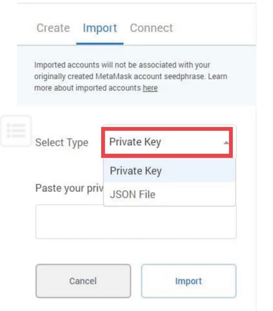 Choose Private Key, guys. Then you fill in the Private Key of the MEW wallet and then click Import