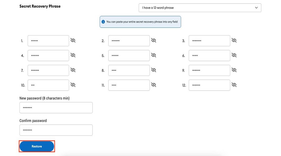 Select “Restore” to restore the wallet